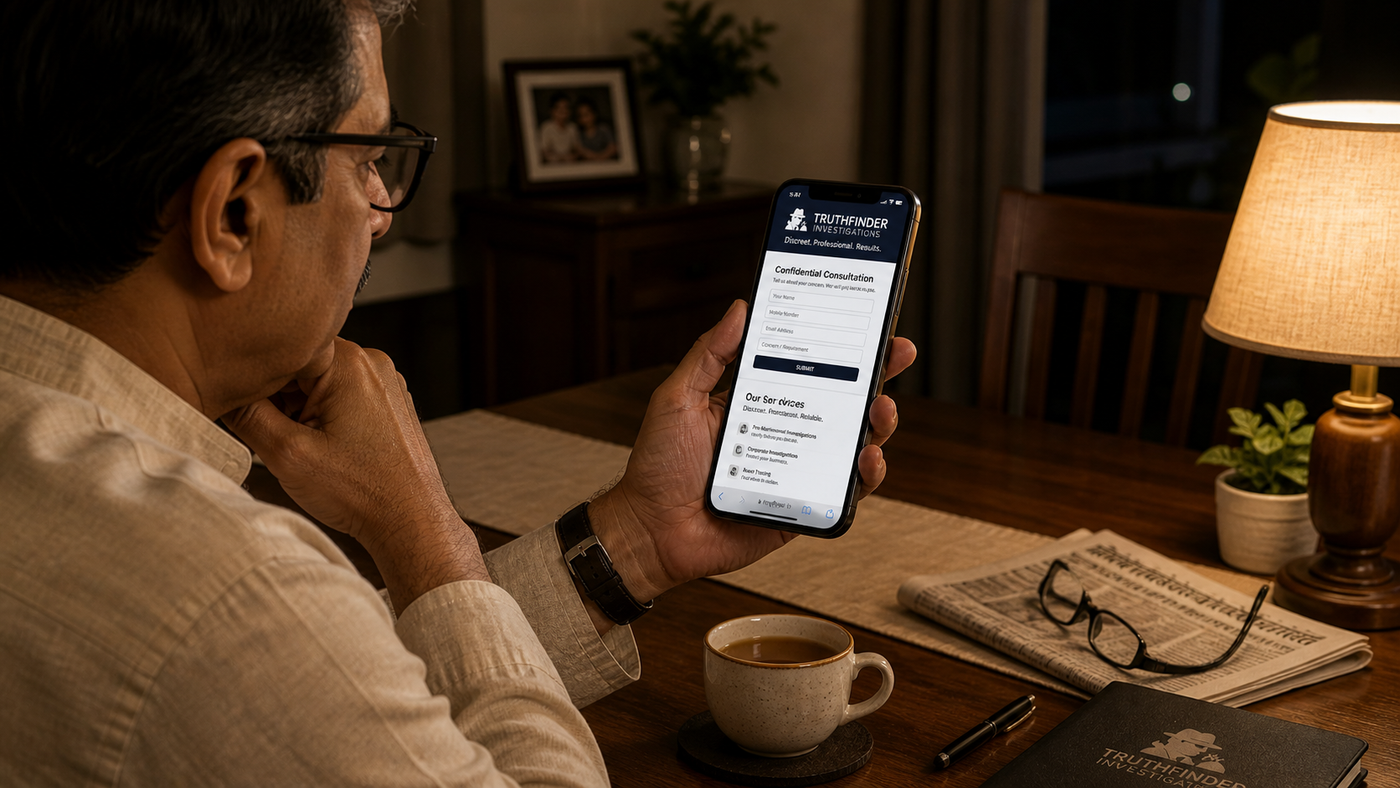 Truthfinder Investigations mobile app on phone — Confidential Consultation case-intake form being viewed by an older male client at home dining table at night, brass desk-lamp + newspaper + Truthfinder Investigations agency dossier on the table, mature confidential register