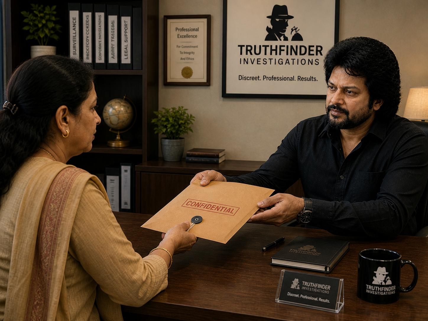 Truthfinder Investigations CONFIDENTIAL envelope handover scene — Vikram Joshi handing a sealed CONFIDENTIAL envelope to female client across his desk · Truthfinder Investigations agency banner + Professional Excellence framed certificate · brass desk-nameplate · agency mug · mature confidential register