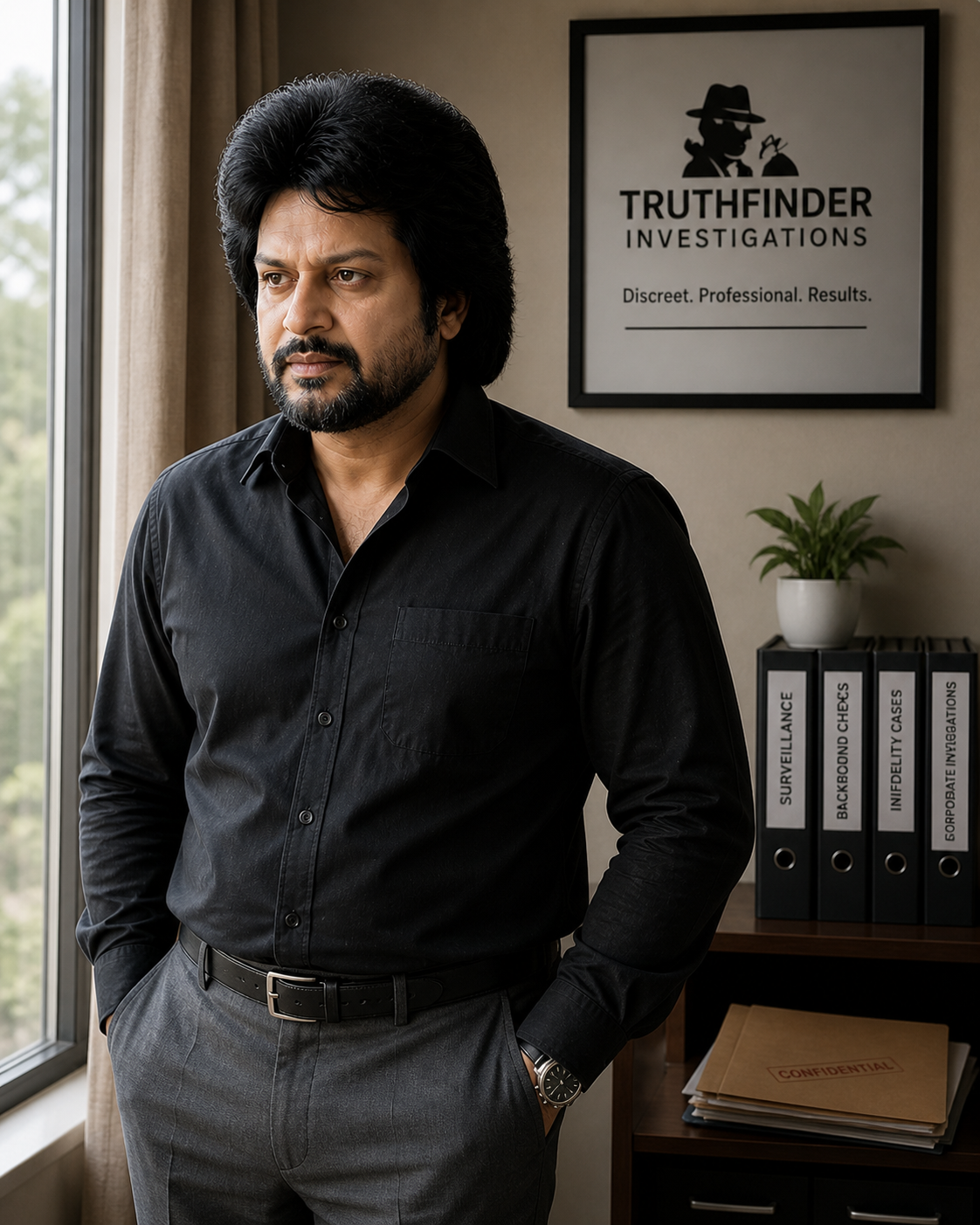 Truthfinder Investigations founder Vikram Joshi standing portrait at office window — black shirt, grey trousers, professional bearing — Truthfinder Investigations agency poster on the wall behind, binders shelf with case files, framed Police Medal for Meritorious Service certificate
