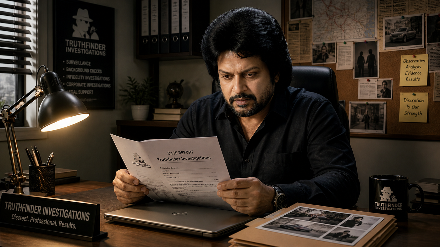 Truthfinder Investigations Mumbai office hero — founder Vikram Joshi reading a CASE REPORT at his desk under a focused desk-lamp, evidence pinboard with map and pinned subject photos behind, agency service-list on left wall (Surveillance / Background Checks / Infidelity Investigations / Corporate Investigations / Legal Support), brass desk-nameplate Truthfinder Investigations Discreet Professional Results