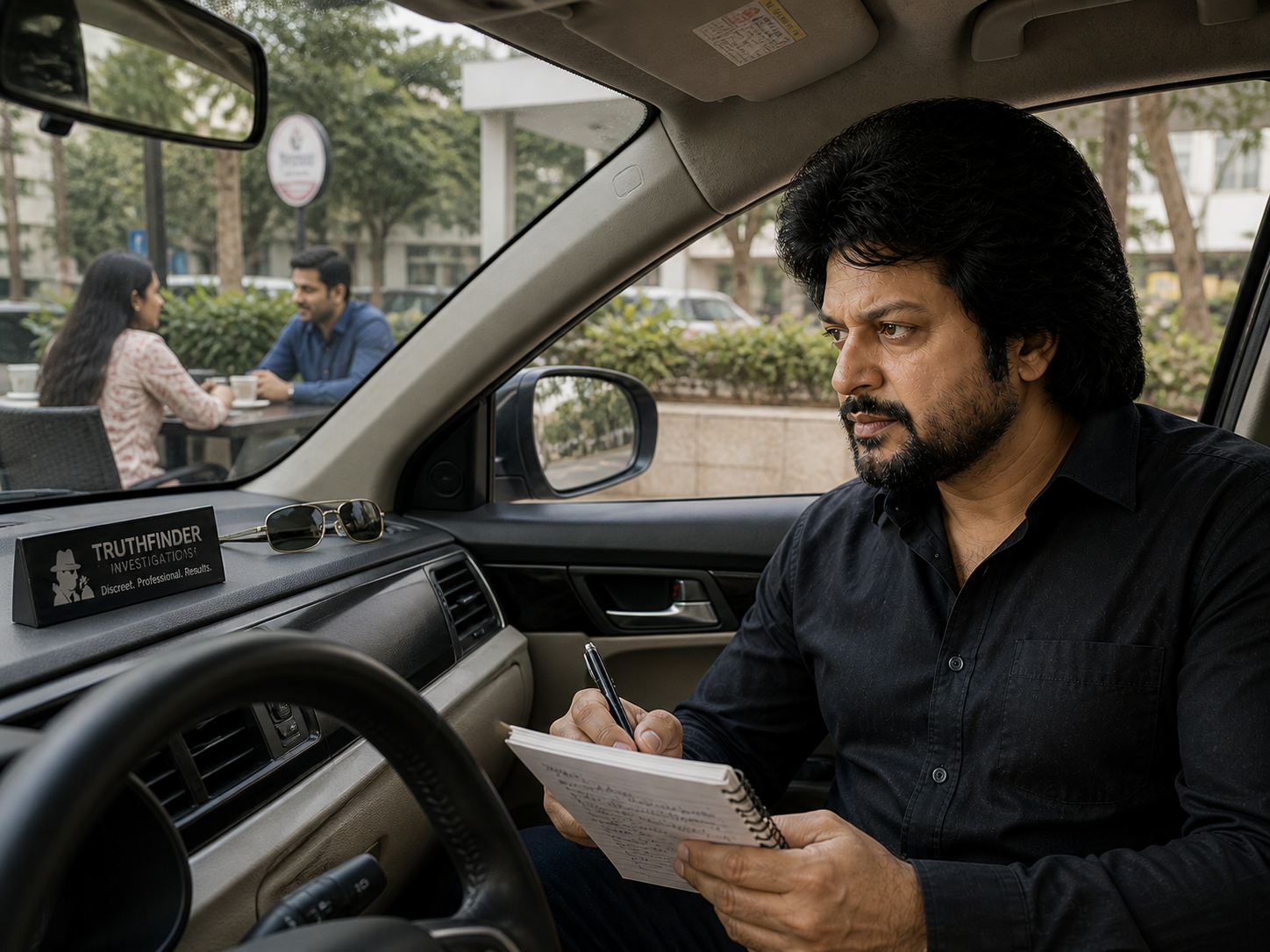 Field surveillance scene — Truthfinder investigator inside car making notes on a notepad, watching a couple at an outdoor cafe through the windscreen, Truthfinder Investigations brass nameplate on the dashboard, mature-trade-craft register
