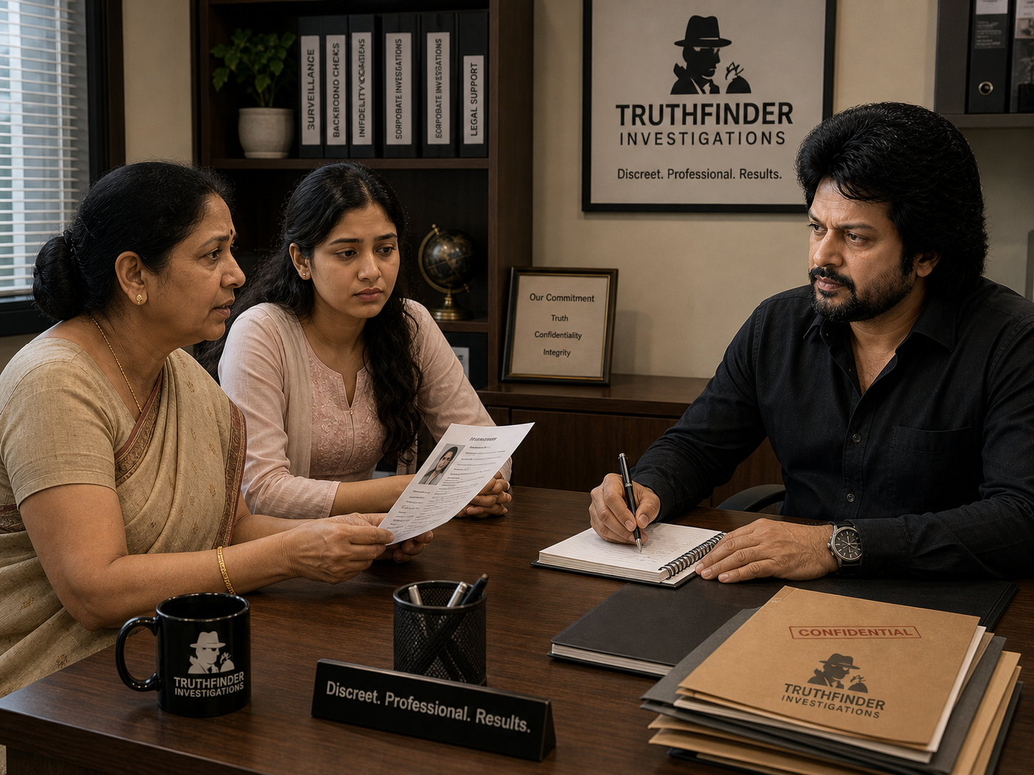 Truthfinder Investigations marital consultation — mother in cream-pink saree and her young-adult daughter in pink kurta sitting opposite Vikram Joshi at his desk · CONFIDENTIAL folder + Truthfinder agency mug + Our Commitment Trust Confidentiality Integrity framed certificate