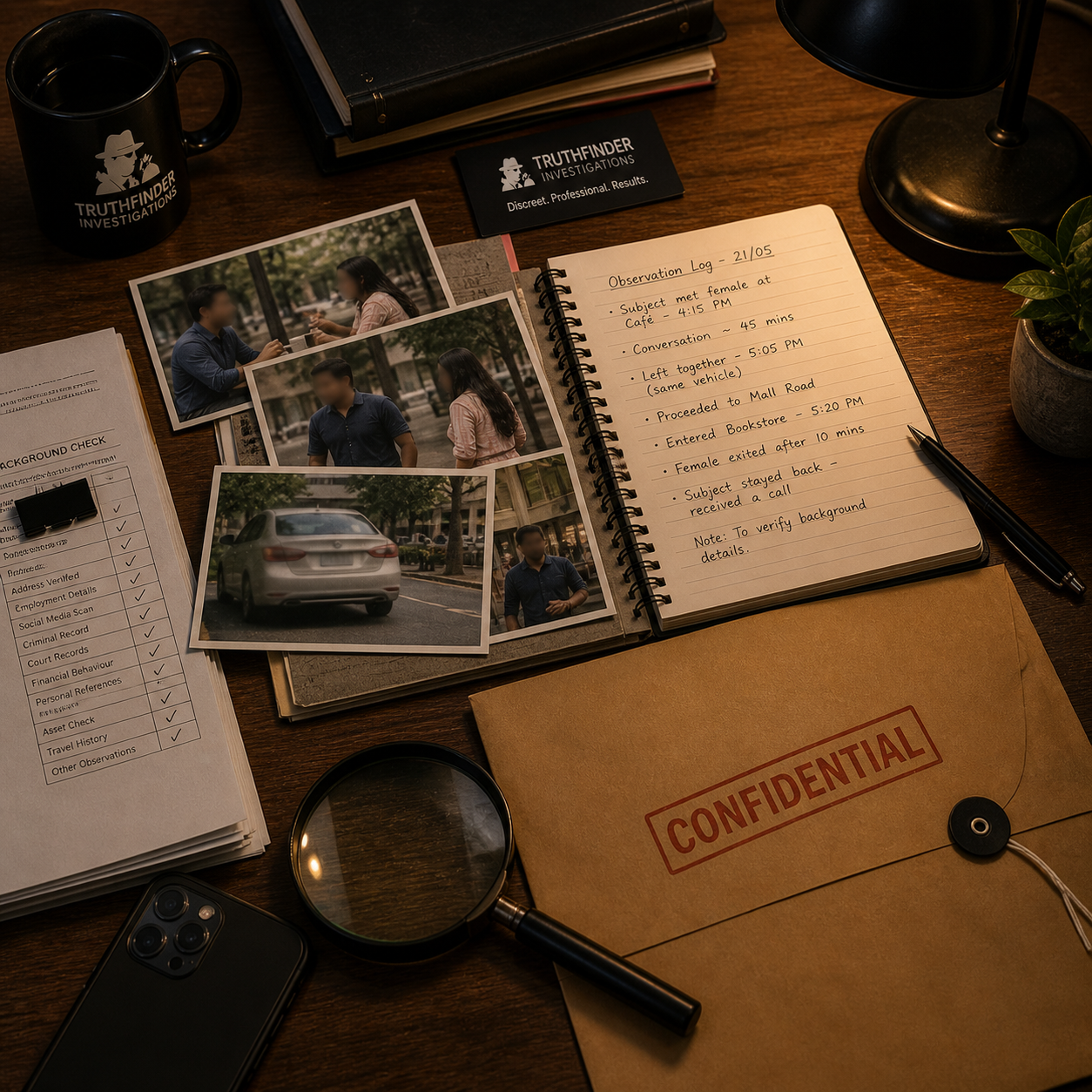 Truthfinder evidence-board macro top-view — observation log notebook with handwritten subject-met-female-at-cafe-415-pm timeline · 3 photographs of subjects with faces blurred · CONFIDENTIAL kraft envelope · magnifying glass · background-check checklist · brass desk-nameplate · mature trade-craft register